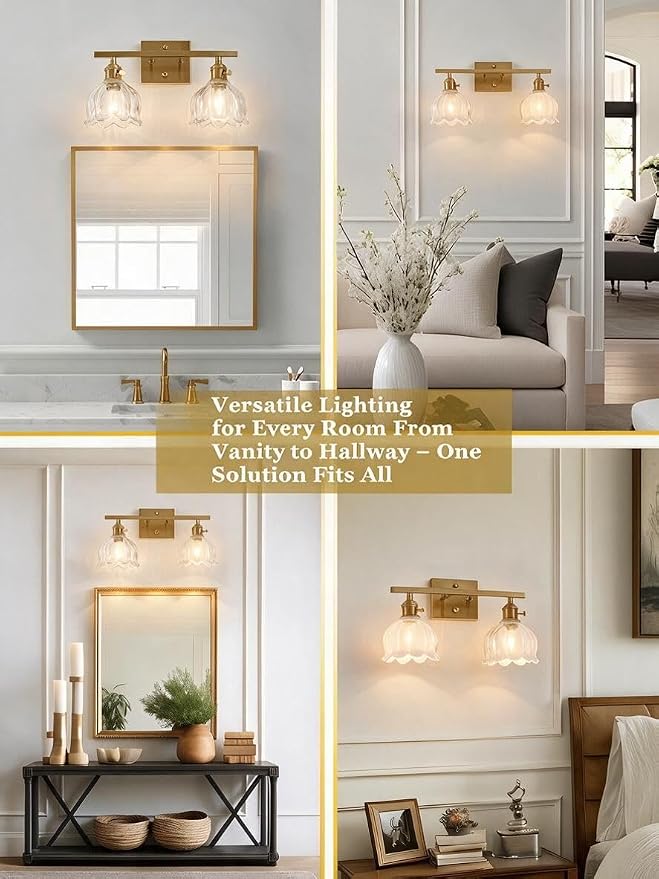 3-Light Vintage Bathroom Vanity Light, 19.4" Brass Hardwired Wall Sconce with Amber Tulip Glass Shades, Brushed Gold Vanity Light for Mirror, Restroom, Bedroom (Clear, 2-Light)