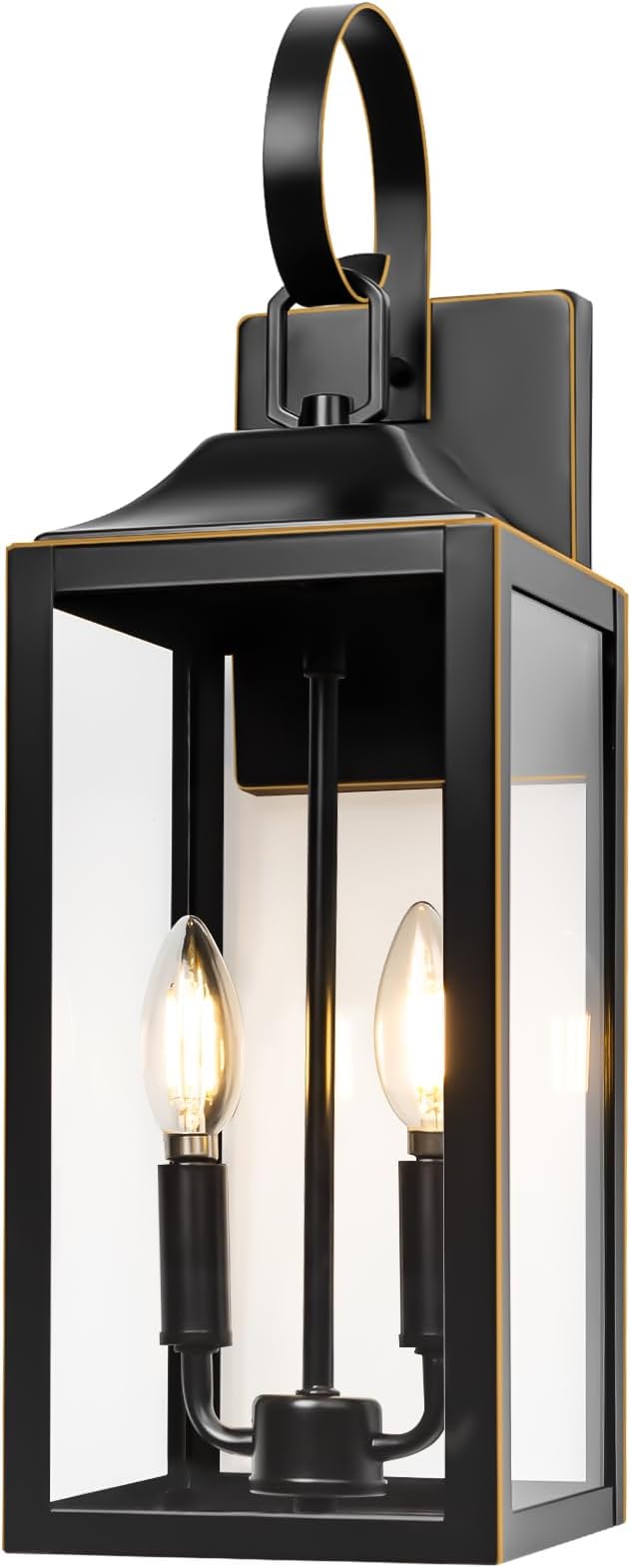 19" Large Outdoor Wall Lights Modern Front Porch Lantern Wall Mount 2-Light | Waterproof Classic Outdoor Light Fixture with Clear Glass, Farmhouse Exterior Lights for House, Black with Gold Trim, 1-Pack