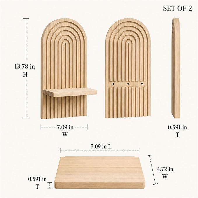 Wall Candle Holder Set of 2, Boho Wall Decor, Arch Candle Sconces, Natural | Natural-tone boho wood wall decor for living room, bedroom, hallway, and entryway, with shelves for lightweight accents.