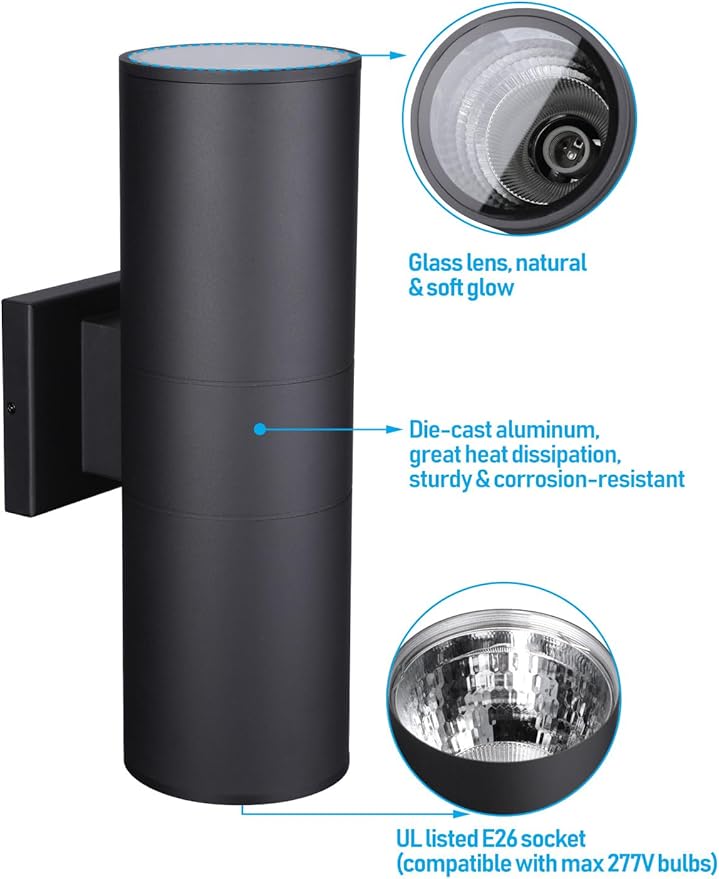 LEONLITE Modern Outdoor Cylinder Wall Lights 18", Porch Light in 2 Lights, Up Down Lights, Matte Black Waterproof Wall Sconce, Aluminum, E26 Base, Exterior Light Fixture Wall Mount, ETL, Pack of 2