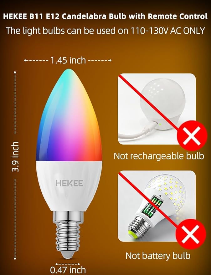 HEKEE E12 LED Candelabra Light Bulbs, Color Changing Candle, C37 B11 40W Incandescent Equivalent, 450 Lumen, RGB + 2700K Warm White, 5Watt, 12 Colors, 2 Modes, Timer, Remote Control(4 Pack)