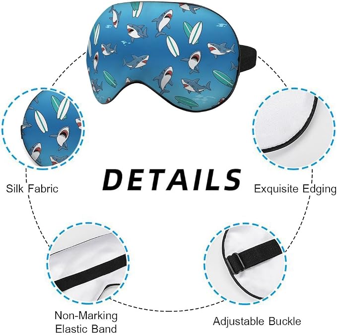 Blue Sharks Sleep Mask Eye Mask Ocean Sea Animal Fish Marine Funny Cute Wildlife Surfboard Sleep Mask Light Blocking Adjustable Smooth Soft for Women Deep Rest Travel