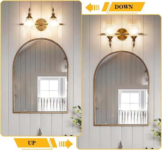 Brass Vanity Light, Vintage Brushed Gold Bathroom Light Fixtures, 2 Light Bathroom Vanity Lights, Flower Glass Shade Wall Sconce Lighting