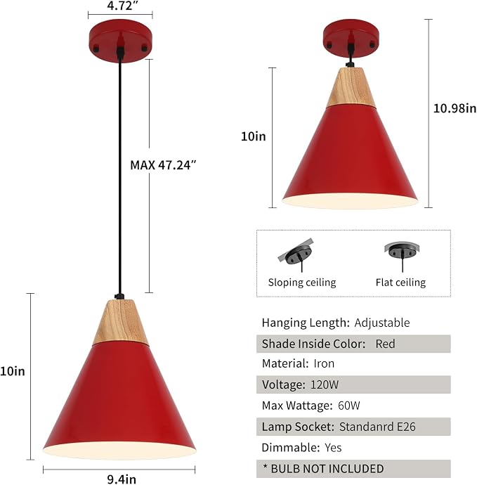 Red Pendant Light, 2 Packs 9.4inch Farmhouse Pendant Light, Kitchen Pendant Lights, Pendant Lights Kitchen Island for Living Room, Bar, Bedroom, Office