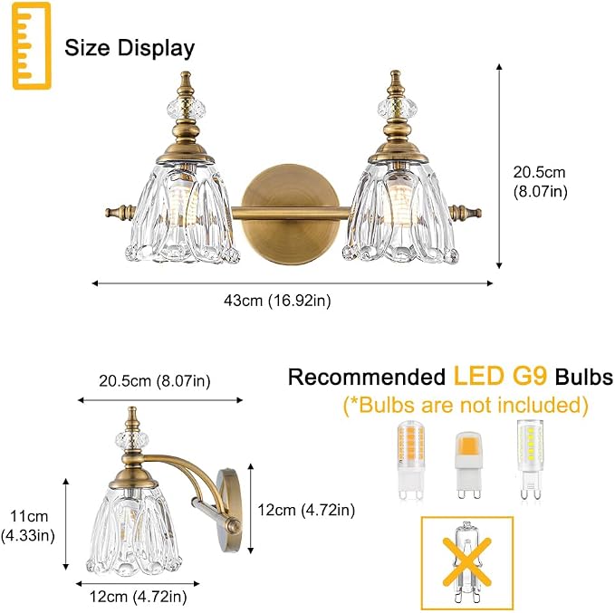 Brass Vanity Light, Vintage Brushed Gold Bathroom Light Fixtures, 2 Light Bathroom Vanity Lights, Flower Glass Shade Wall Sconce Lighting