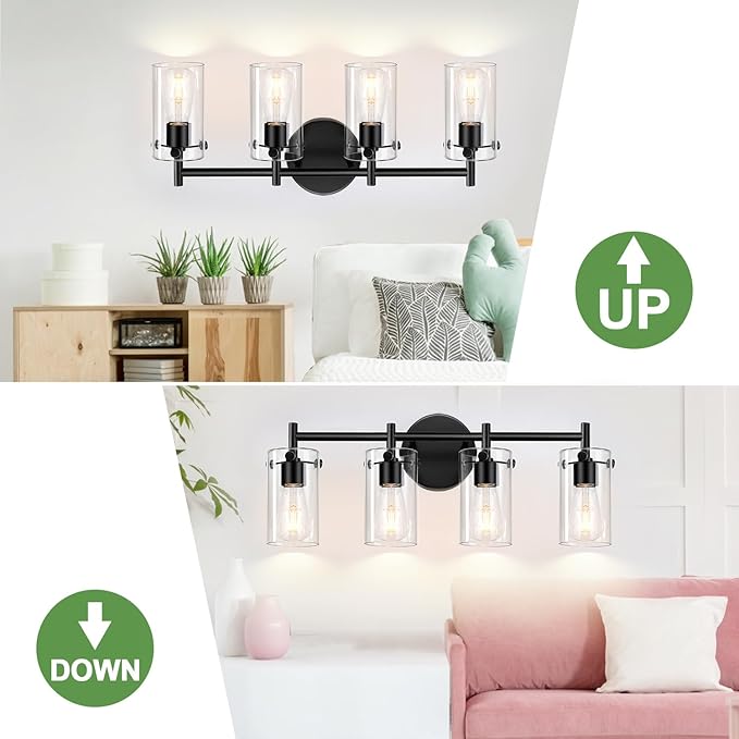 4-Light Matte Black Bathroom Vanity Light Fixtures, Clear Glass Shade Wall Sconces for Mirror, Bedroom, Living Room, Hallway