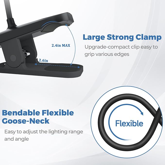 CUHIOY Rechargeable Clip on Reading Light for Bed Headboard, Black, 1 Pack | Strong Clamp USB-C Goose-Neck Night Light, 5 Colors 5 Brightness Desk Lamp for Bunk Bed Shelf, Perfect for Reading Working