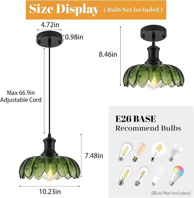 Green Pendant Light, Vintage Kitchen Pendant Lighting Over Island, Vintage Pendant Light Fixture for Dining Room, Bedroom, Living Room, Bathroom, Hallway, Sink
