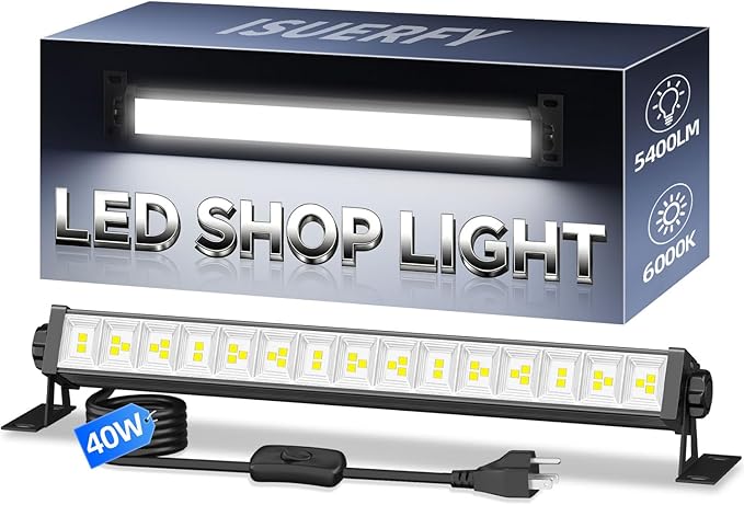 40W LED Shop Light 5400LM Brighter, Plug in Garage Light with On/Off Switch & 6.6FT Cord, 6000K Daylight White Workshop Bay Lighting for Garage Workbench Warehouse Factory Basement