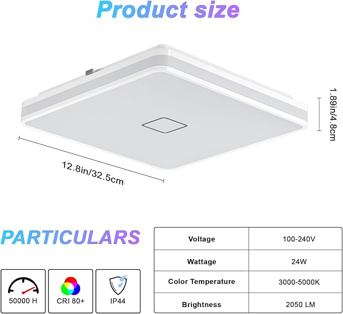 Airand 12.8 Inch Smart Ceiling Light, Dimmable LED Ceiling Light 3000K-5000K CCT with App Control, 24W 2050LM Square led Flush Mount Ceiling Lights for Living Room Bedroom