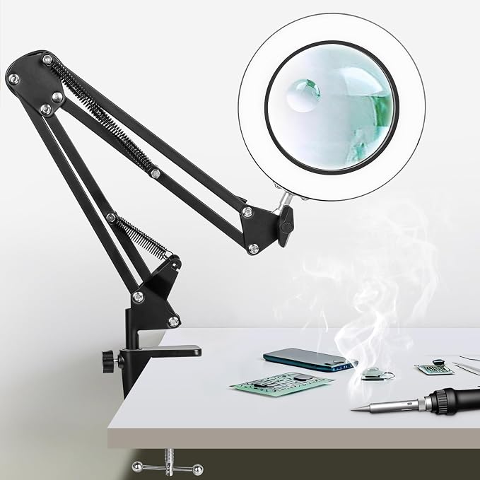 KIRKAS 12X 30X Magnifying Glass with Light and Clamp, Swivel Arm Desk Lamp | 10 Level Dimmable 3 Color Modes, Lighted Magnifier with Light for Repair, Craft, Sewing, Reading, Close Work - Black