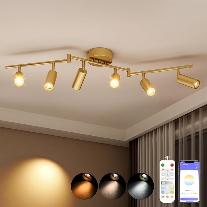 2-Pack 6 Light Heads Gold Track Lighting Kit, 36W 2700K-6000K & Brightness Dimming, Modern LED Ceiling Light Fixture with Flexible Rotatable Heads, APP/Remote/Alexa Control, Gold Kitchen Light Fixture