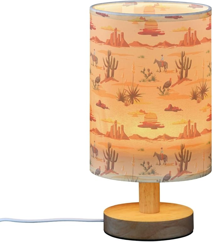 Table Lamp Vintage Desert Sunset Pattern Cactus Mountain Cowboy Horse Turkey Nightstand Lamp with Wood Base Fabric Lamp Shade Bedside Desk Lamp for Living Room Bedroom Kids Room Office