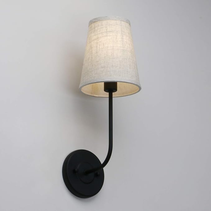 Classic Rustic Wall Sconce Light Fixture with Flared Funnel Linen Fabric Shade Nightstand Lamps for Living Room Bedrooms Bedside Reading (Black)