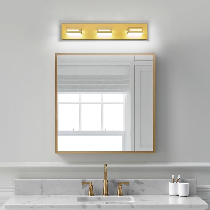 LED Modern Bathroom Light Fixtures, 3-Light 24-Inch Gold Vanity Lights for Bathroom Lighting Fixtures Over Mirror, 6000K Cool White 350° Rotatable Wall Lamp