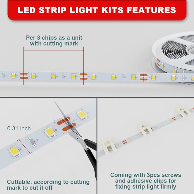 MY BEAUTY LIGHT White LED Strip Lights,16.4ft Dimmable LED Light Strip,12v Flexible LED Rope Lights Kits for Kitchen Cabinet Mirror Bedroom Party Decor