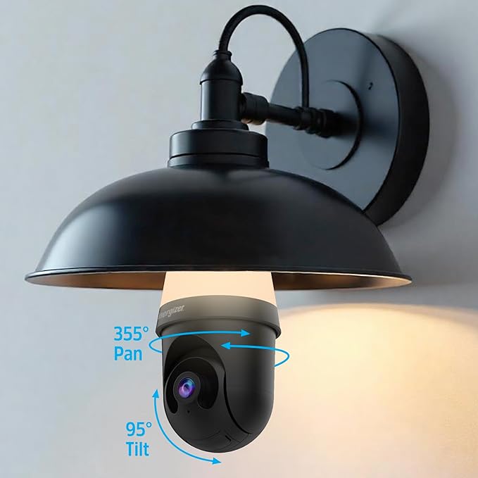 Energizer Smart 2K Light Bulb Security Camera, 1000 Lumens LED Light, 5G&2.4G Wi-Fi Outdoor Socket Camera, Pan Tilt Auto Tracking, (Black, App Enabled Smart Detections)
