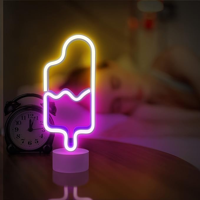 Lumoonosity Popsicle Neon Light - Popsicle Neon Sign for Bedroom, Desktop, Tabletop Decor - Battery/USB Powered Popsicle Lights - Ice Cream Night Light Lamp with Stand- Pink & Warm White Led Signs