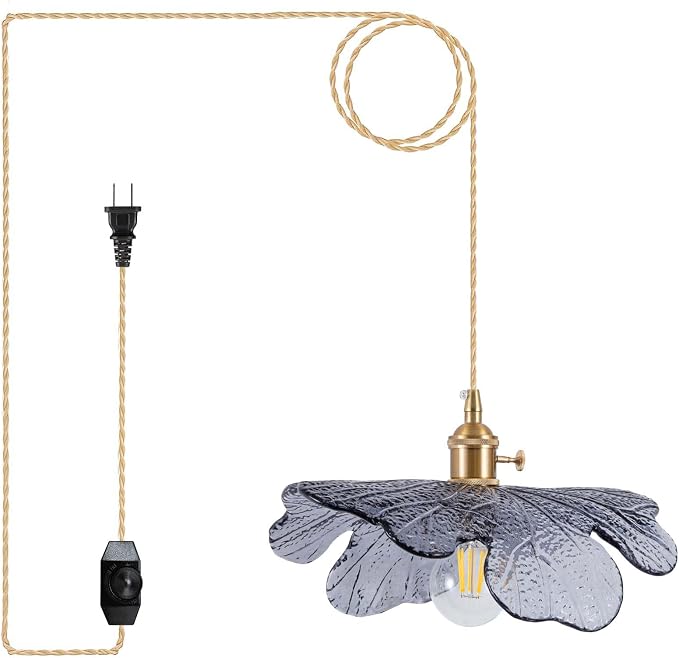 Plug in Pendant Light Fixtures,Hanging Light Fixture 12.9in Blue Glass Pendant Light,E26 Pendant Lighting for Kitchen Island, Bedroom, Dining Room, Living Room