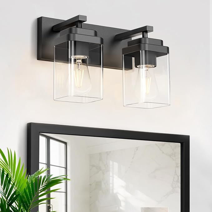 Black Bathroom Light Fixtures, 2 Lights Bathroom Lighting Fixtures Over Mirror, Square Design & Rectangle Large Backplate, Modern Vanity Lighting Fixtures, for Bathroom/Living Room/Bedroom
