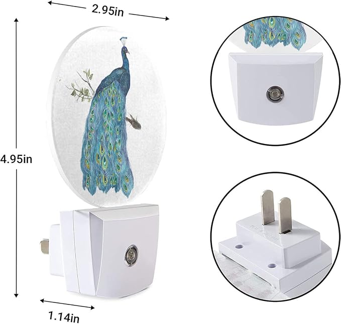 EKOBLA Peacock Night Light, Watercolor Peacock Feather Teal Night Lights Plug Into Wall with Auto Sensor, 0.5W Sleep Friendly