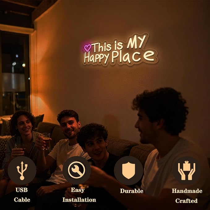 This is our happy place neon sign, suitable for wedding birthday girl party bar wall decoration, dimmable, USB powered, pink heart shape