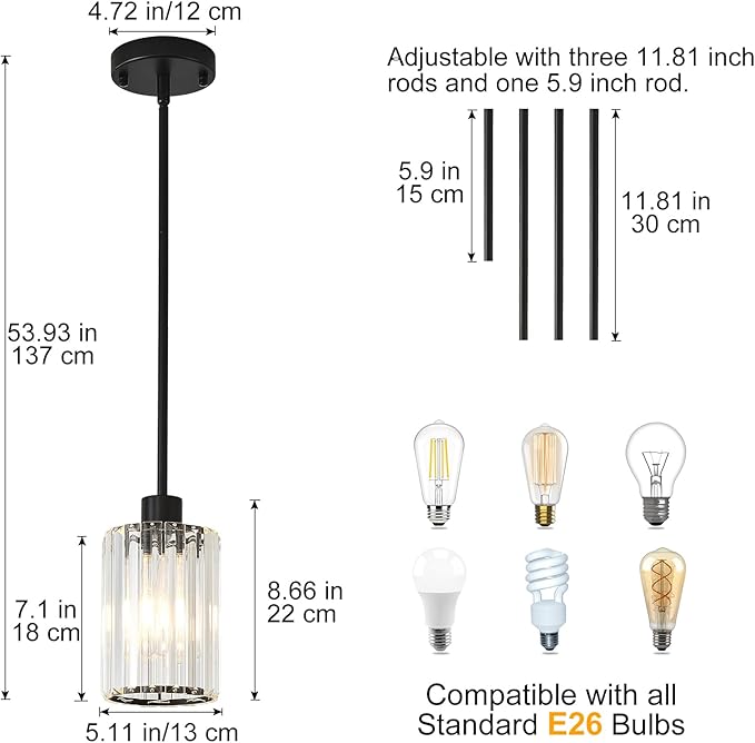 Crystal Pendant Lights for Kitchen Island, 2 Pack Modern Black Kitchen Pendant Light Fixtures, Mini Crystal Hanging Lights for Kitchen, Dining Room, Hallway, Foyer, Entryways