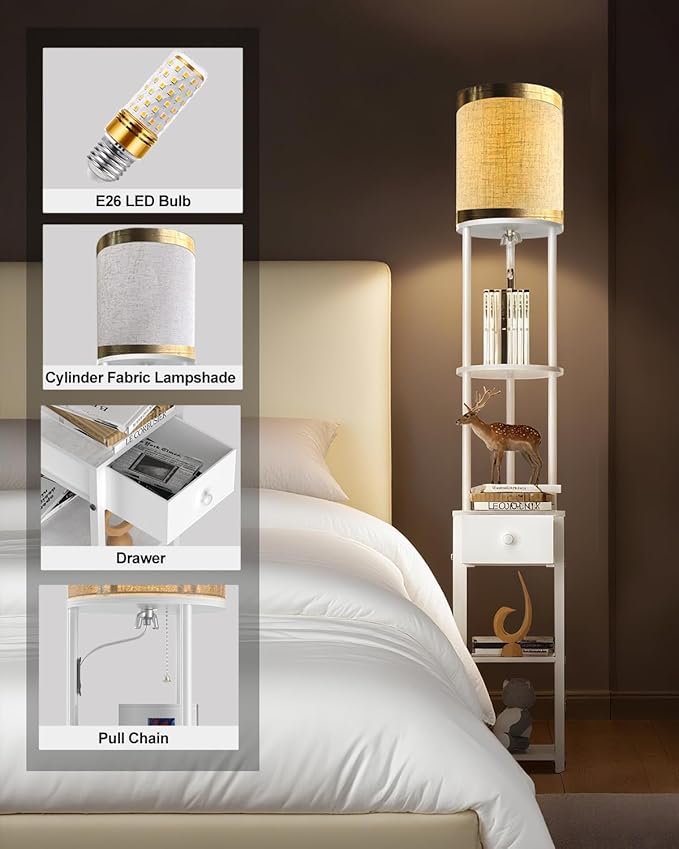 Lightdot 65IN Floor Lamps with Storage Table&Drawer, Corner Shelf Lamps with White End Table and Fabric Shade, Modern Standing Tall Lamp for Living Room/Bedroom/Sofa Beside/Corner Decor(Bulb Included)