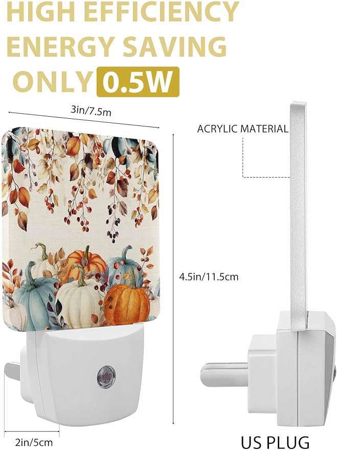 Fall Night Lights Plug into Wall LED Night Light Thanksgiving Watercolor Pumpkin Leaf Vintage Automatic Dimmable Dusk-to-Dawn Square Shaped Smart Nightlight for Bathroom/Bedroom