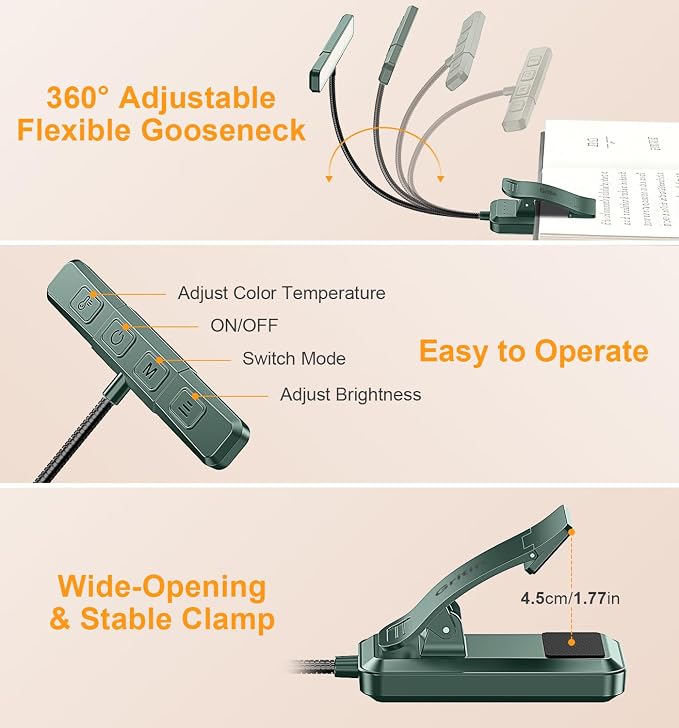 Gritin 2026 Gen 2 Book Light for Reading- 32 Eye Caring Full Spectrum LED | 5 Colors & 5 Brightness, Adjustable Wide/Narrow Beam, Upgrade 1500mAh Long-Lasting Rechargeable Clip on Light-Forest Green