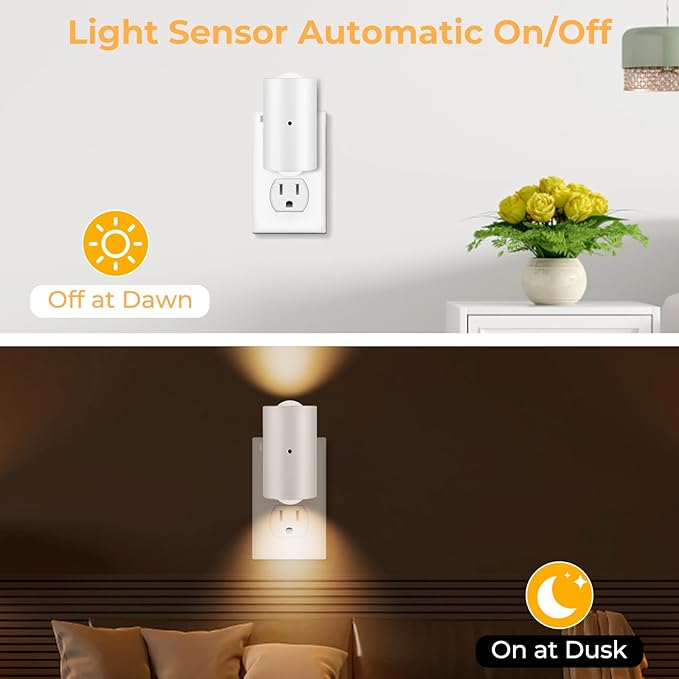 4 Pack LED Night Light, Dimmable Plug-in Wall Nite Light with Dusk to Dawn Auto On/Off, 180° Rotating Head, 2700K Warm White, 0-200 LM for Nursery, Hallway, Bathroom