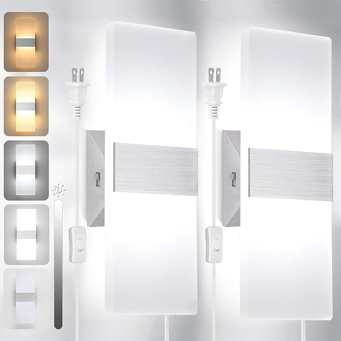 TRLIFE Wall Sconces Plug in, Adjustable 4 Color Temperature Modern LED Wall Sconce, 12W Acrylic Wall Mounted Light Set of 2 Wall Lights with 6FT Plug in Cord for Bedroom Bedside(2 Pack, Silver)