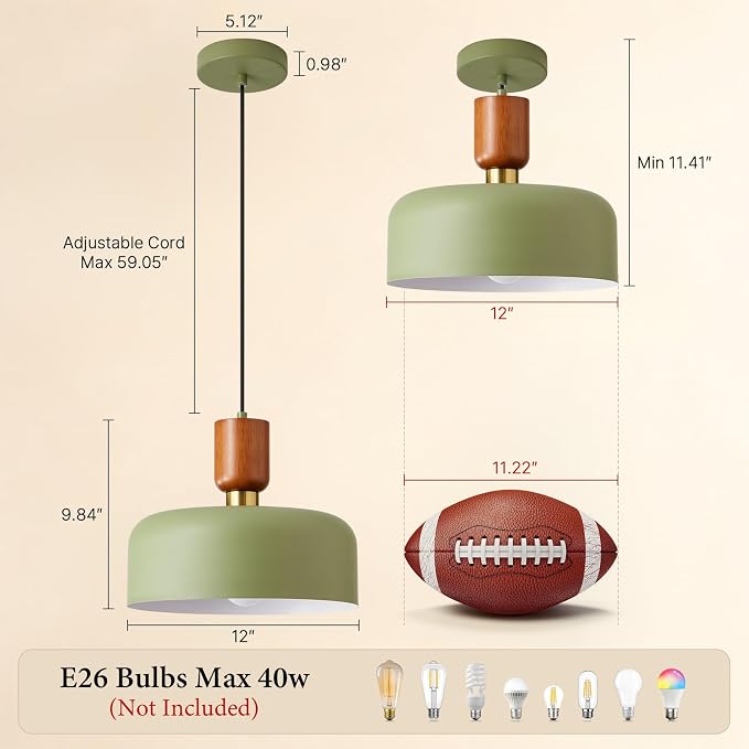 Modern Metal Green Pendant Light: 12" Chandelier Over Kitchen Island Sink | Wood Brushed Brass Mid Century Hanging Ceiling Light, Vintage Farmhouse Fixture for Dining Room Bedroom Hallway Entryway