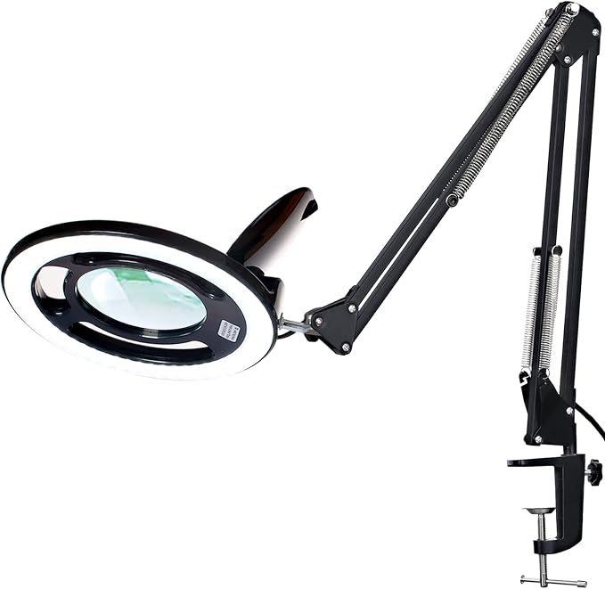 12X Magnifying Glass with Light, KIRKAS 2,200 Lumens LED Magnifying Lamp | with Clamp, Stepless Dimmable Real Glass Lens Magnifier, Adjustable Arm Workbench Light for Close Work Hobby Repair - Black