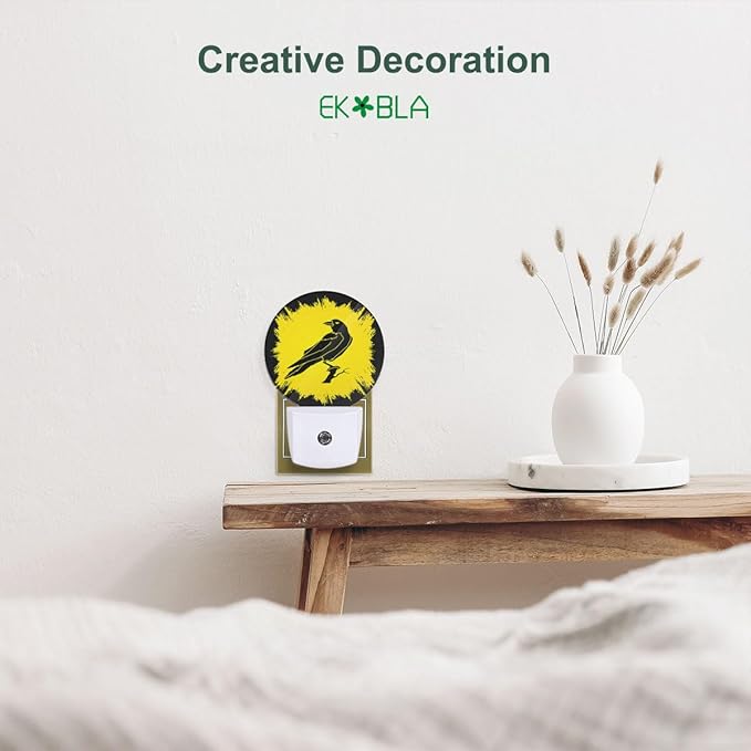 EKOBLA Raven LED Night Light Crow Black Bird on Branch Halloween Dusk to Dawn Plug-in Nightlights Auto Sensor for Home Indoor Bathroom Hallway Kitchen
