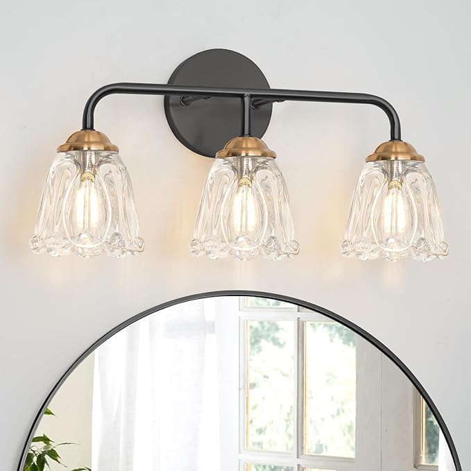 Vintage 3 Light Vanity Light, Black and Gold Bathroom Vanity Light, Bathroom Light Fixtures with Glass Shade, Antique Vanity Light Fixtures Over Mirror, Wall Sconce for Bedroom, Living Room