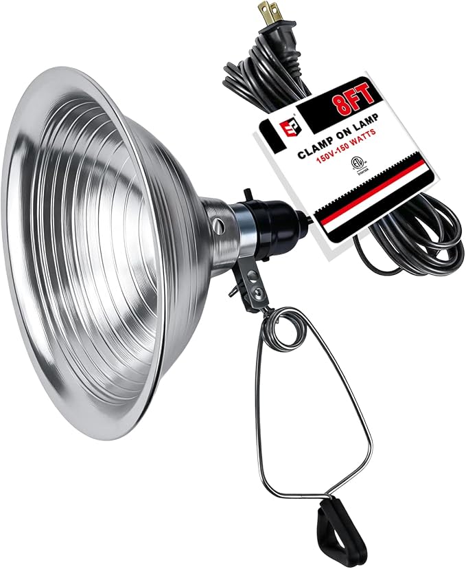 EP Clamp Lamp Light with Detachable 8.5 Inch Aluminum Reflector, 150 Watt E26 Socket (No Bulb Included), 8 Foot 18/2 SPT-2 Cord Cord, 1 Pack