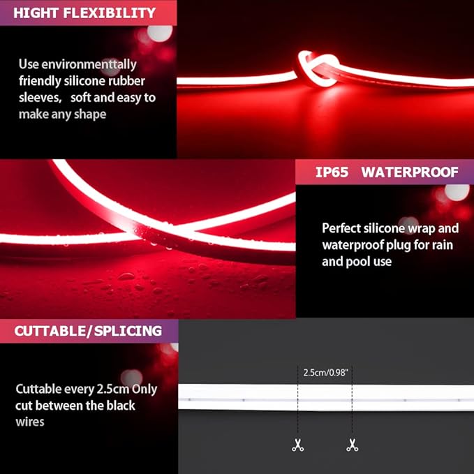 32.8FT/2PCS/10M Red LED Strip Lights - Flexible, Waterproof Neon Rope Lights for Indoor & Outdoor Decoration with Complete Installation Kit [Adapter Not Included