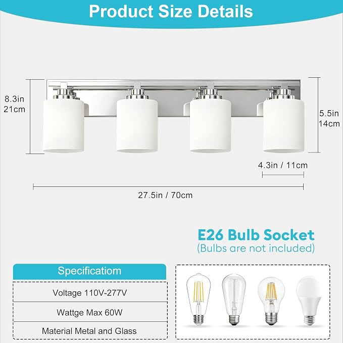 Modern Bathroom Lighting Fixtures Over Mirror, Vanity Lights for Bathroom, Wall Sconces with Milky White Glass Shades, E26 Ceramic Socket, 4-Light 27.5-inch Chrome