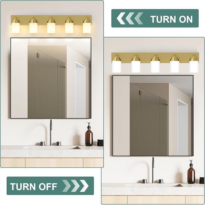 IZORRO Bathroom Vanity Light Fixture, 5-Light 36 Inch Gold Bathroom Light Fixtures Over Mirror, with White Glass Shade, Modern Farmhouse Vanity Lights, Rustic Restroom Lighting Fixtures