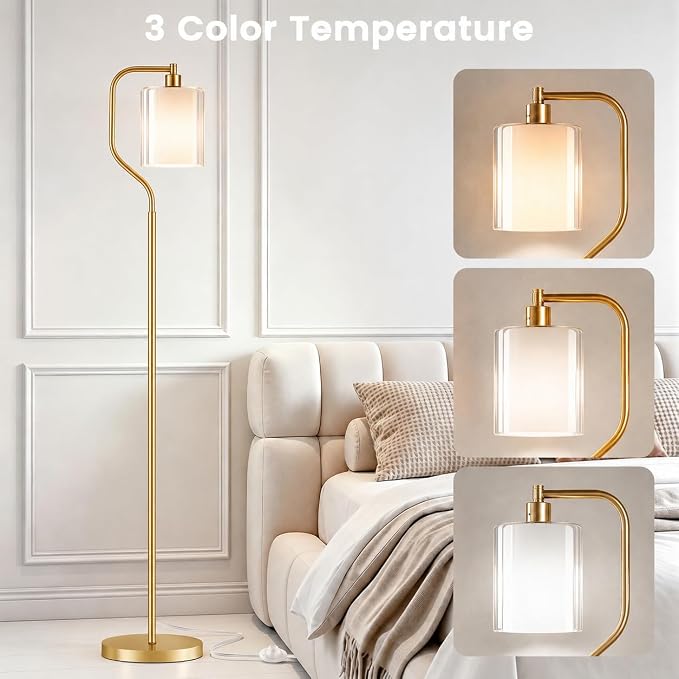 Dimmable Gold Floor Lamp with Double Glass Shade | Modern Floor Lamp with Remote & Foot Switch, 3 Color Temperatures, 9W Bulb, Corner lamp for Home Decor, Living Room, Bedroom