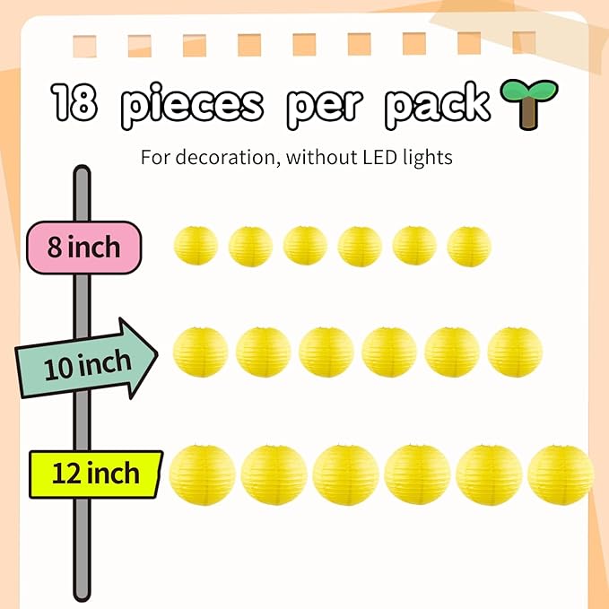 Chinese Paper Lanterns for Birthday Party Decorations – Hanging Rainbow Lanterns for Ceiling Decor, Classroom, Wedding, and Home Party – Pack of 18,Lemon Yellow(8/10/12-Inch)