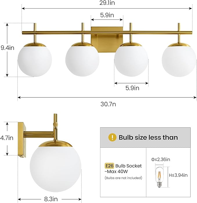 Bathroom Light Fixtures, 4-Light Brushed Gold Bathroom Vanity Lights Over Mirror, 30.7 Inch Modern Vanity Lighting with Milky White Glass Globe Shade Wall Sconce Lighting Bath