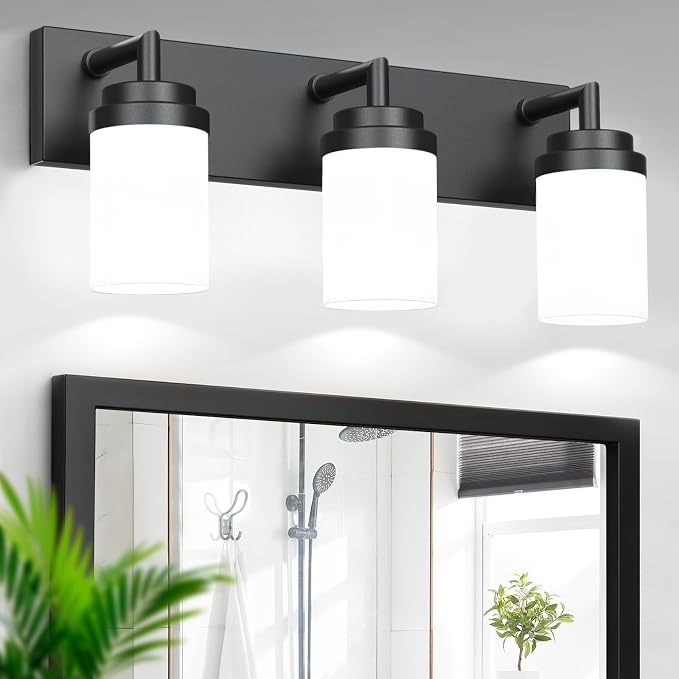 Bathroom Light Fixtures, Matte Black Bathroom Lighting Fixtures Over Mirror, Modern Vanity Light with White Glass Shade, Restroom Lighting Fixtures, 3-Light 22-inch