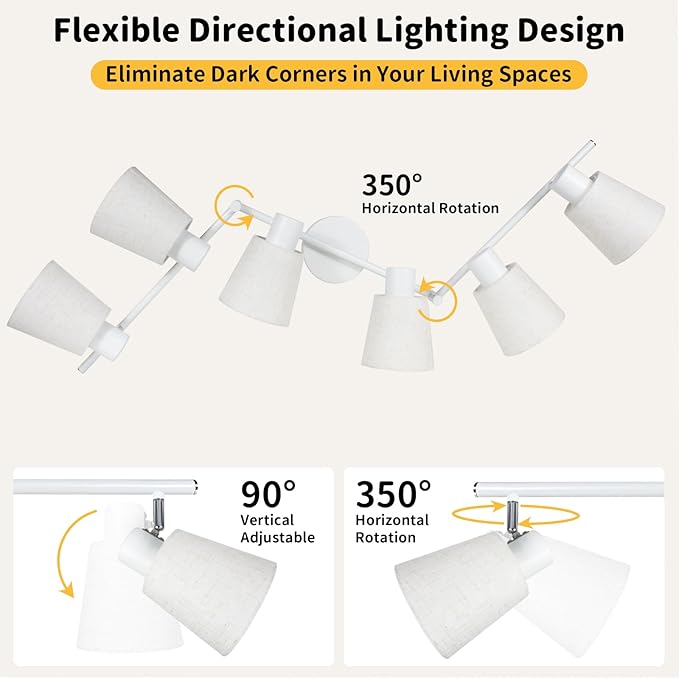HiBay 6-Light Track Lighting Fixture Ceiling, Directional Modern White Fabric Track Spotlight Flush Mount for Dining Room, Bedroom, Living Room, E26 Base (Bulbs Not Included)