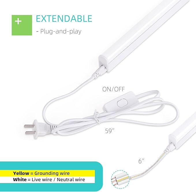 Under Cabinet Lighting for Kitchen 1FT 5W 500lm LED 6500K 2 Pack | Under Cabinet Lights and T5 Linkable LED Shop Light for Workbench, Closet, Corded Electric with Built-in ON/Off Switch