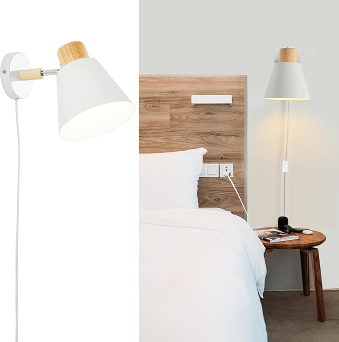 White Plug in Wall Sconces with Switch for Bedroom, Modern Rotation Wall Lamps Up Down E26 Mounted Fixture Wood Metal Lighting Switch Bedside Decor Reading Lights for Kids Bedroom, Living Room