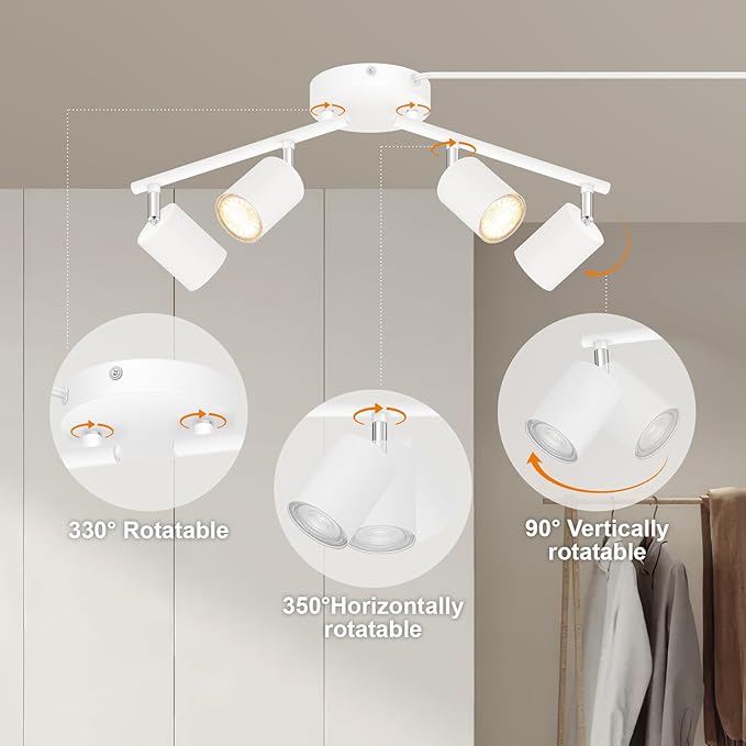 Plug in Track Lighting LED, Track Lighting Fixtures Ceiling, White 4-Light Kitchen Light Kit, Plug in Wall Light with 14.8ft Power Cord, Rotatable Ceiling Spotlight for Bedroom(GU10 Socket, NO Bulb)