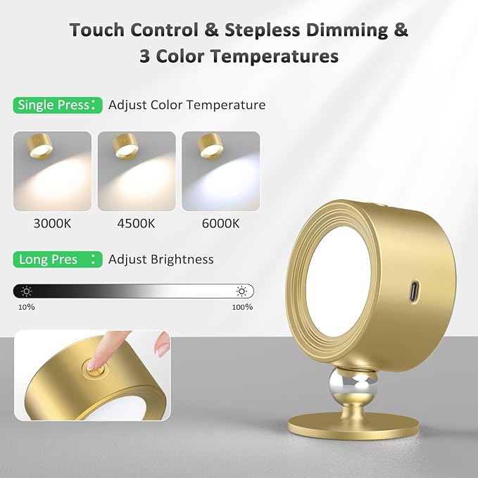 Racokky LED Wall Sconces 3 Pcs with Remote, Wall Lights 3000mAh Rechargeable Battery Operated, 3 Color Temperatures & Dimmable Wall Lamp Magnetic 360° Rotation Light for Bedroom Living Room(Gold)