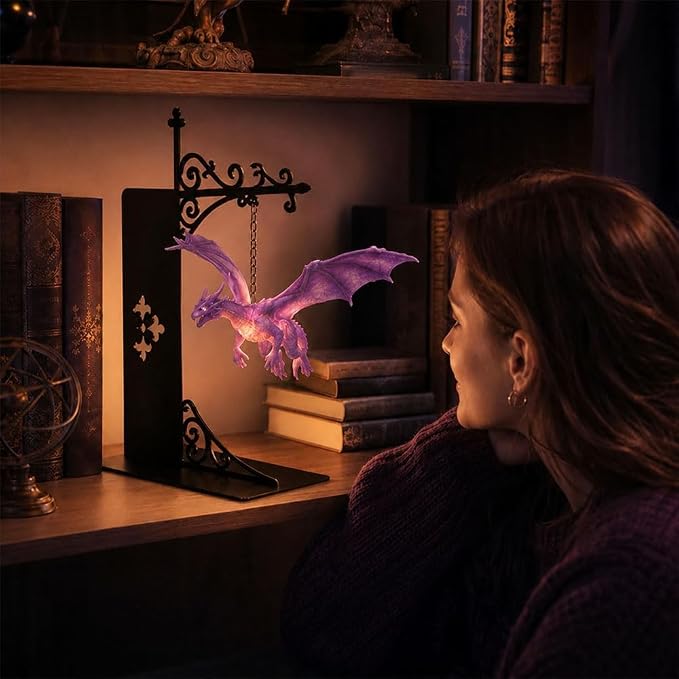 Magical Floating Dragon Bookshelf Lamp, Warm LED Dragon Night Light, Fantasy Reading Nook Decor, Unique Gift for Fantasy Lovers and Book Readers (Purple)
